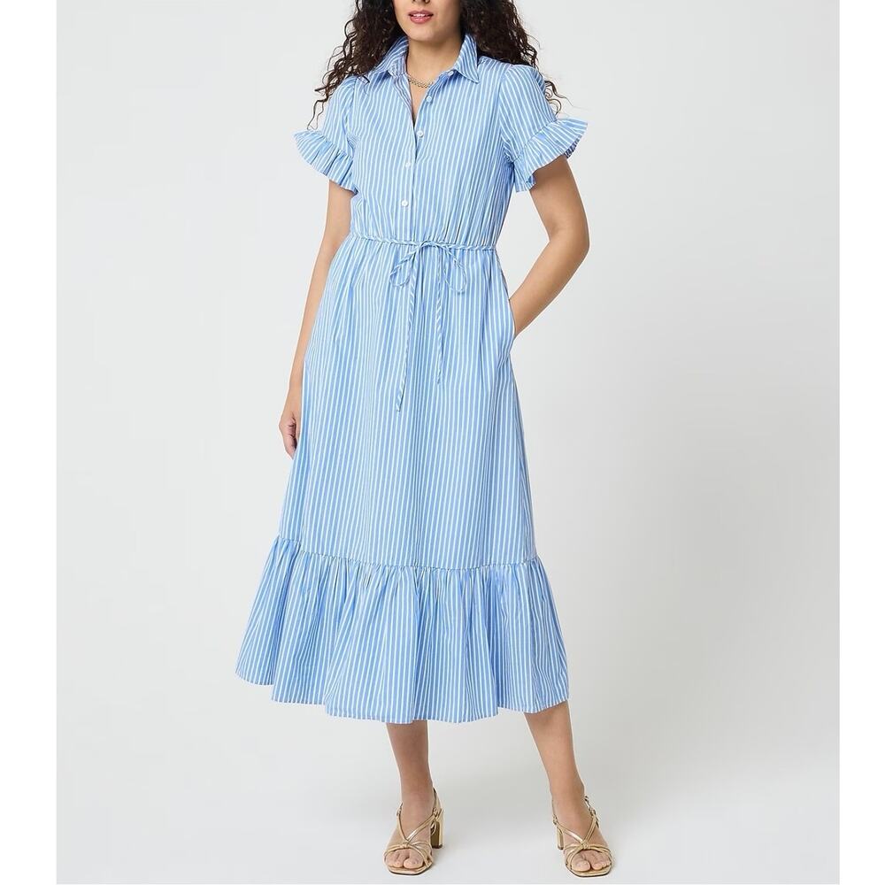 NWT J.Crew Factory Petite Striped Ruffle-Sleeve Shirt-Dress Sail Blue Size 00 P